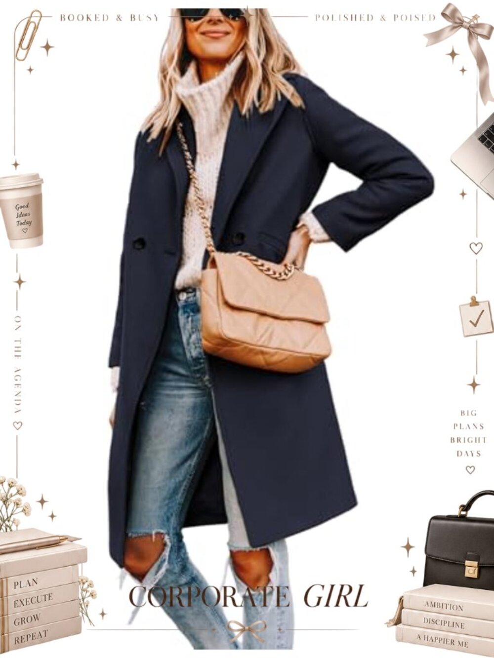 Wool Blend Pea Coat Double Breasted Notch Lapel Knee Length